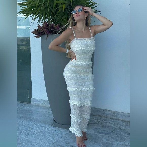 White ruched smocked midi maxi ruffle tiered dress - Picture 5 of 11